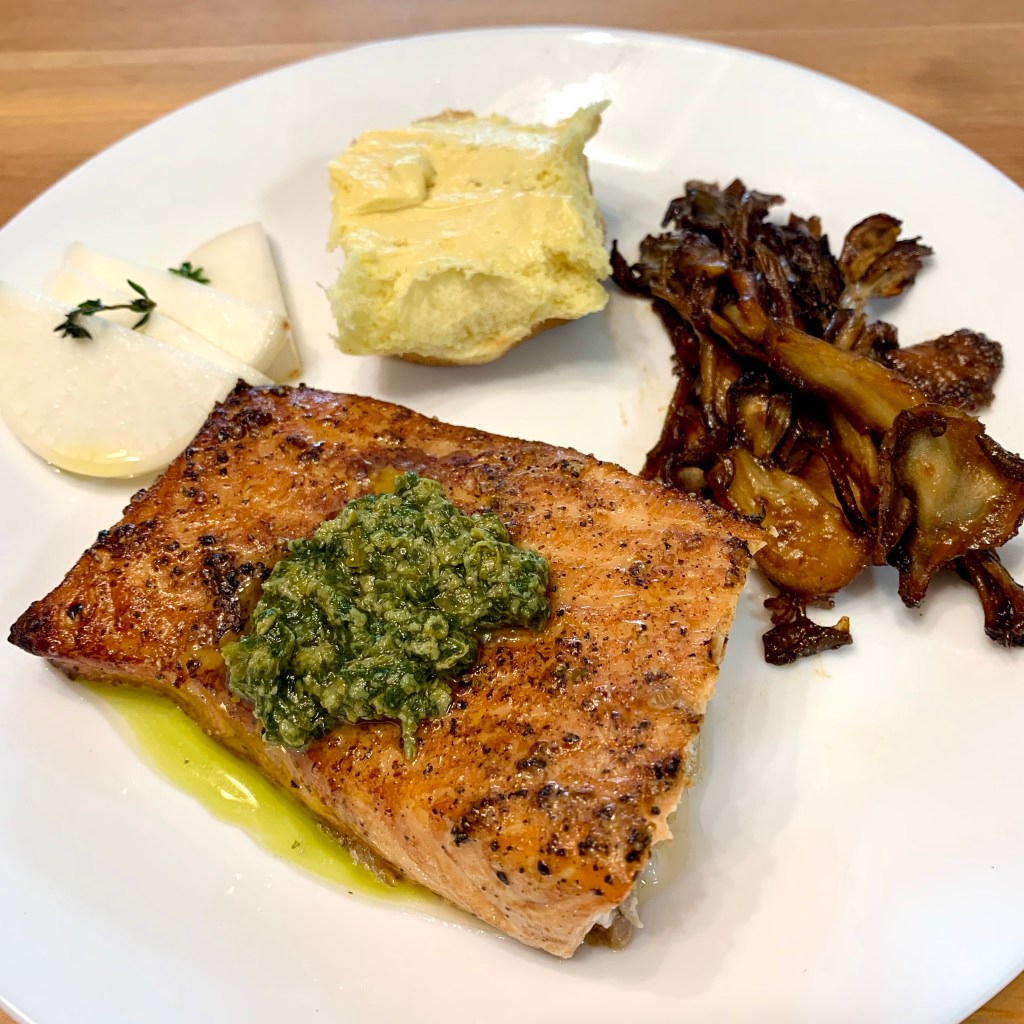 Cedar planked shiso pesto salmon & miso maitake&nbsp;mushrooms